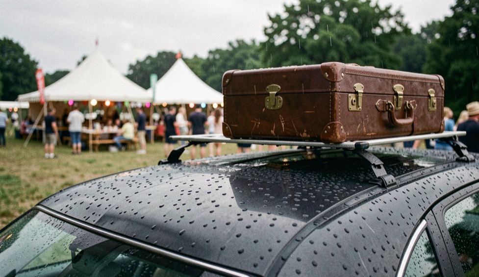 Dunkles Kombi-Dach nach einem Sommergewitter mit vielen kleinen runden Dellen, auf dem Dachträger liegt ein Hornkoffer, im Hintergrund ein Festplatz mit Zelt.