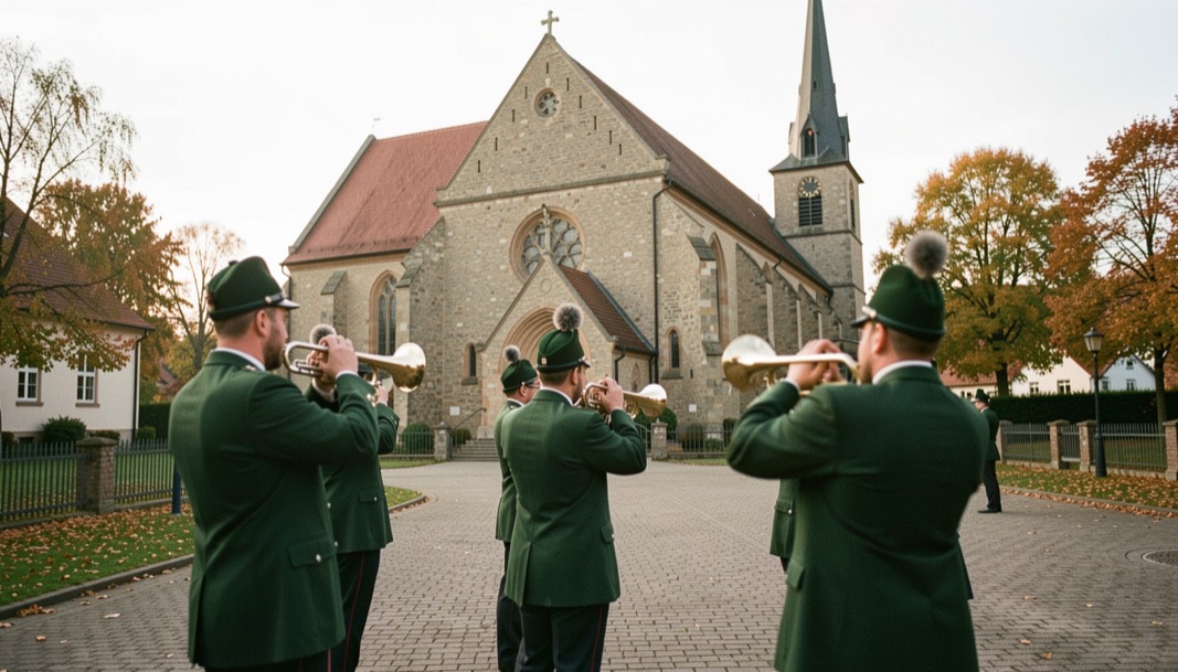Jagdhornbläser in grünen Jacken spielen zum Auszug auf dem Vorplatz einer Landkirche im Herbstlicht.