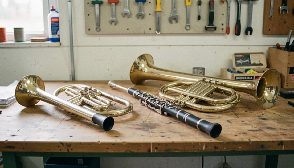Flügelhorn, Klarinette und Tenorhorn liegen sortiert auf einem Tisch vor heller Werkstattwand.