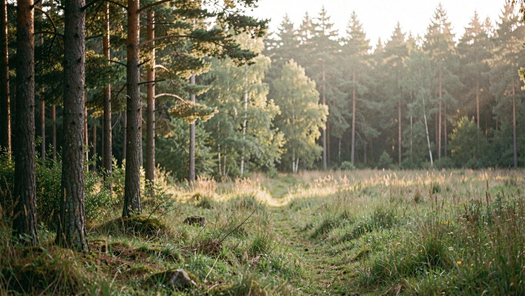 Reh äst am frühen Morgen am Rand eines Mischwaldes, hinter ihm liegen Wiesen im ersten Licht.