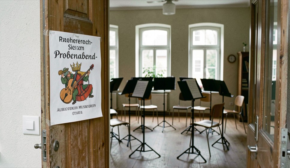 Offene Probenabend-Tür mit Aushang zum Musikverein, drinnen stehen Notenständer im Kreis bereit.