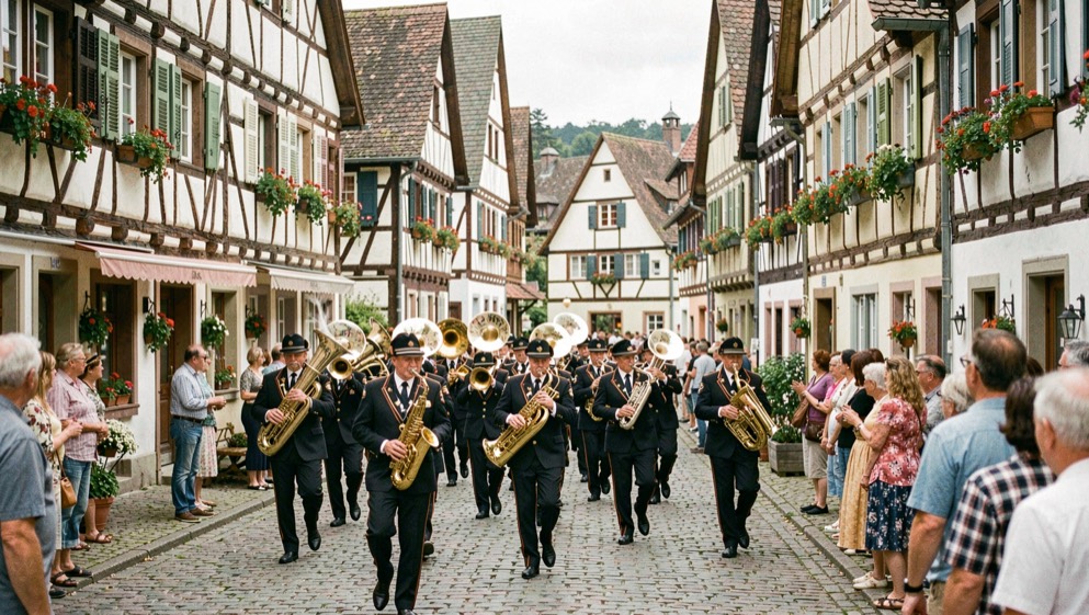 Festzug mit Blasmusikkapelle zwischen geschmückten Fachwerkhäusern eines Dorfplatzes im Sommer.