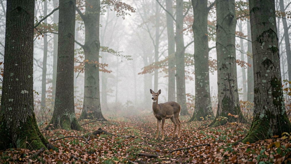 Morgennebel liegt über einem Laubwald, ein Reh steht am Waldrand zwischen hohen Buchen.